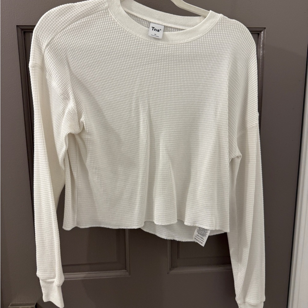 Aritzia TNA White Waffle Knit Cropped Sweatshirt
